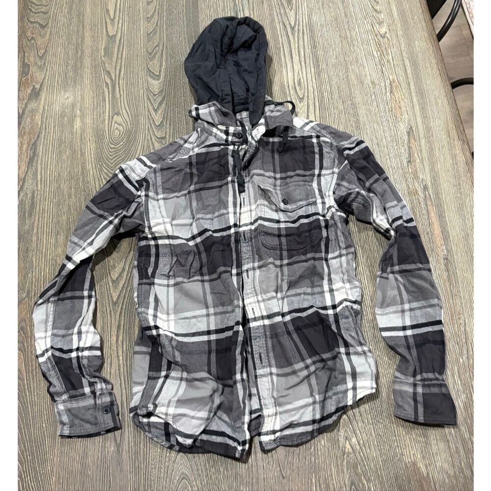 American Eagle Mens Super Soft Flannel Hooded Shirt Long Sleeve Coal Size XS